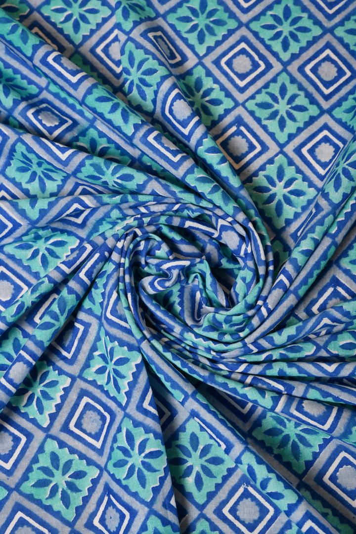 Blue & Turquoise Geometry Block Printed Cotton Fabric