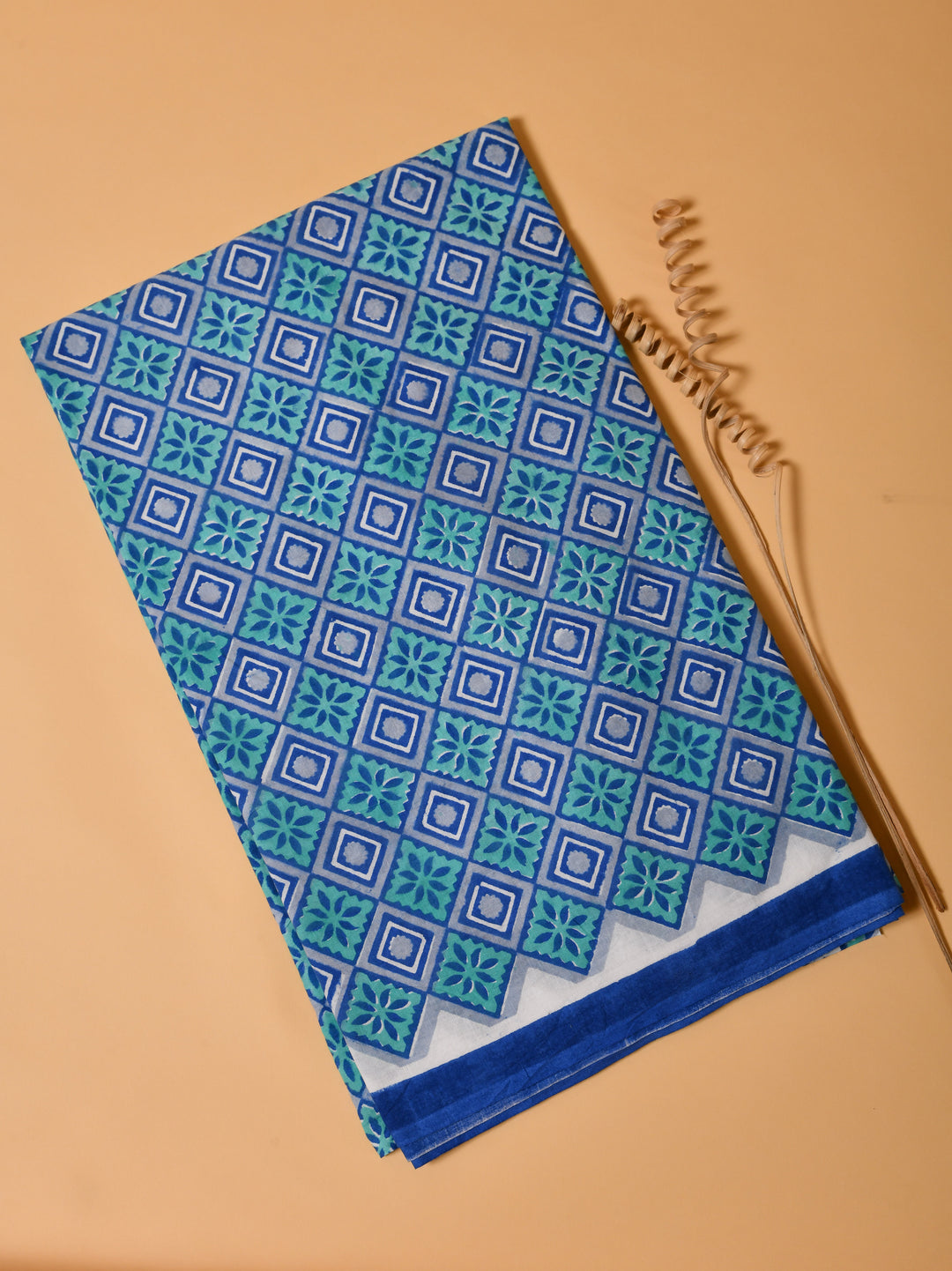 Blue & Turquoise Geometry Block Printed Cotton Fabric