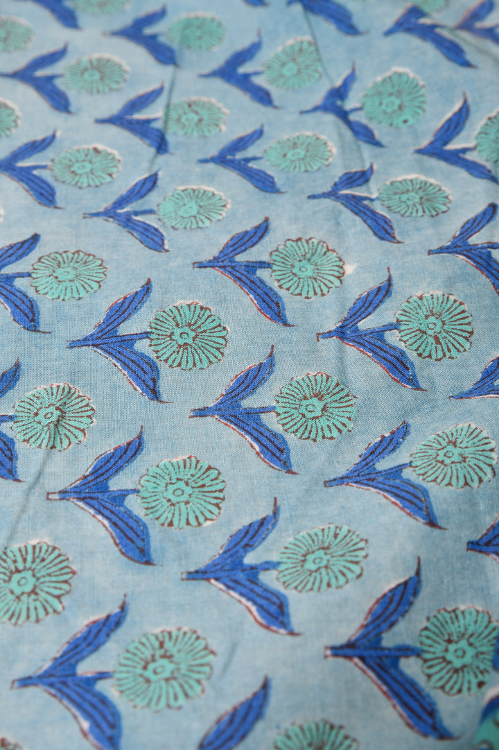 Blue & Grey Flower Jaal Block Printed Cotton Fabric