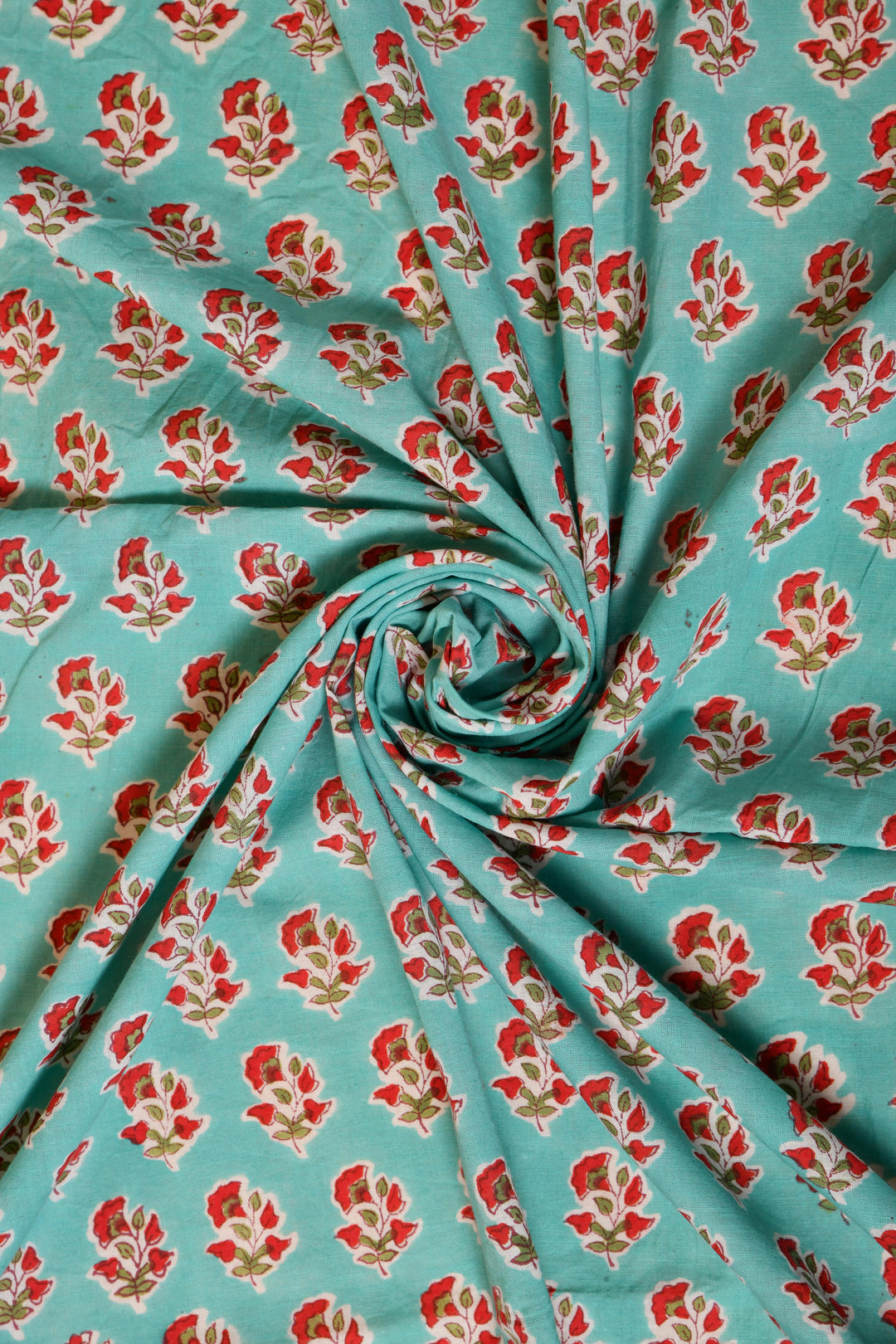Turquoise & Red Booti Jaal Block Printed Cotton Fabric