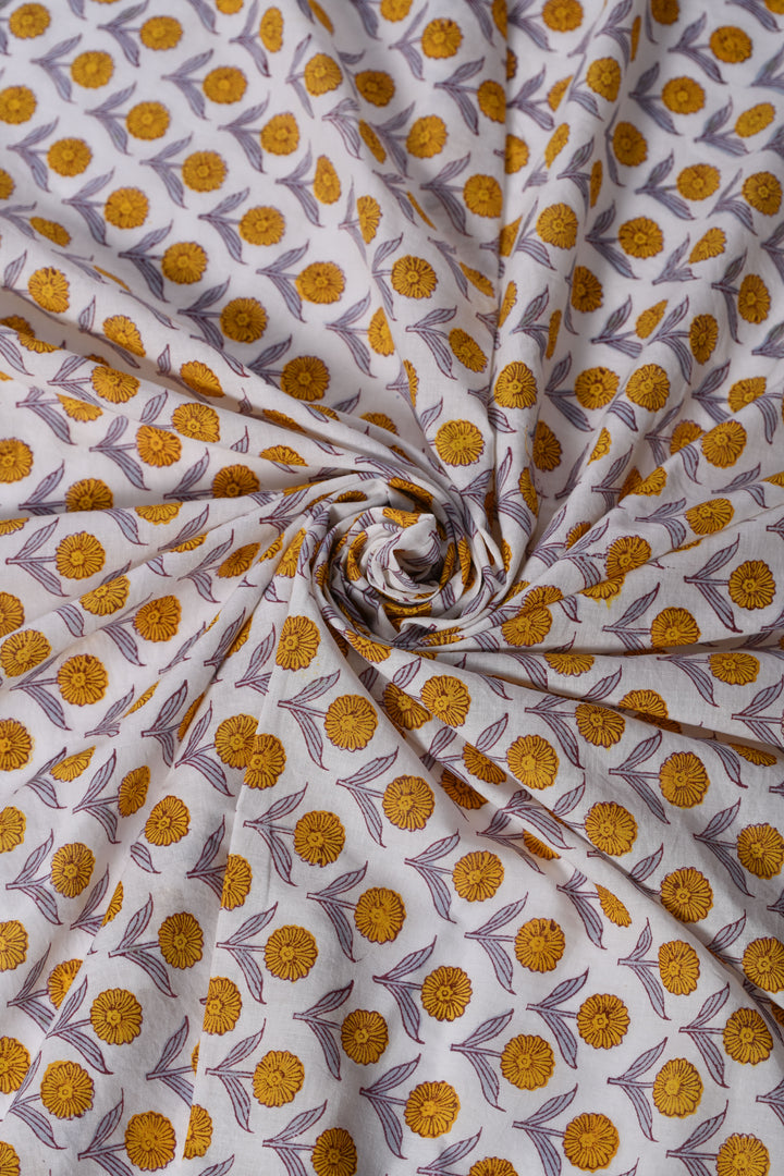 Mustard & Grey Booti Block Printed Cotton Fabric