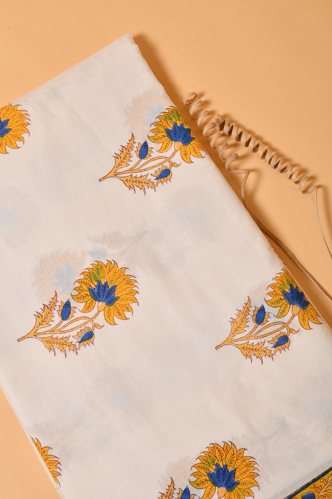 Yellow & Blue Mustard & Grey Booti Block Printed Cotton Fabric