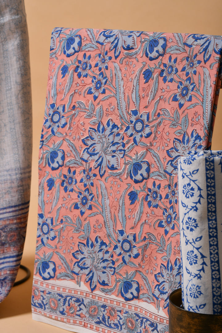 Peach & Blue Hand Block Printed Cotton Suit with Kota Dupatta