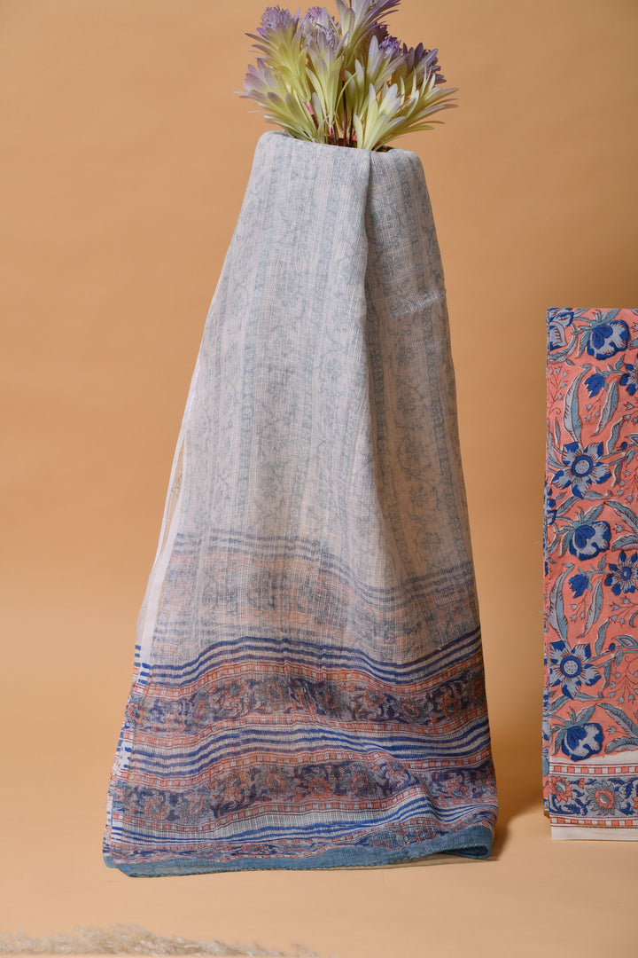 Peach & Blue Hand Block Printed Cotton Suit with Kota Dupatta