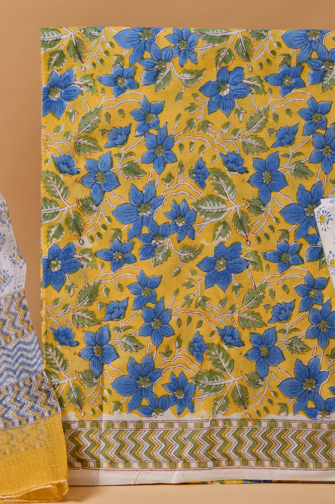 Yellow & Blue Hand Block Printed Cotton Suit with Kota Dupatta