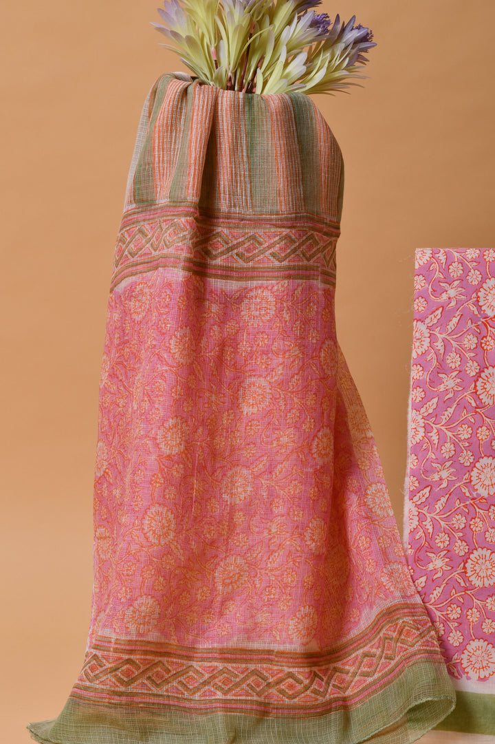 Peach & Olive Hand Block Printed Cotton Suit with Kota Dupatta