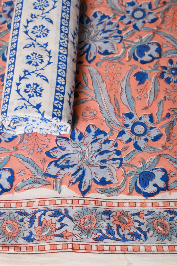 Peach & Blue Hand Block Printed Cotton Suit With Chiffon dupatta