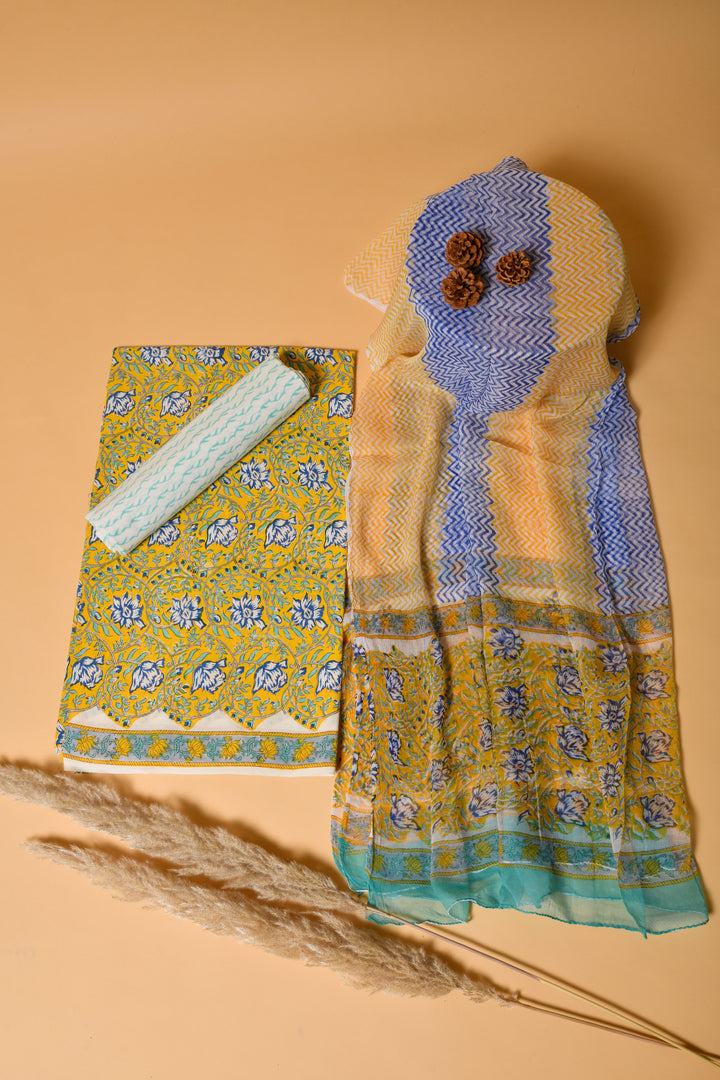Lemon & Blue Hand Block Printed Cotton Suit With Chiffon dupatta
