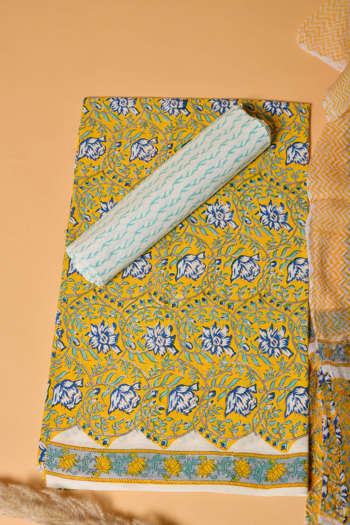 Lemon & Blue Hand Block Printed Cotton Suit With Chiffon dupatta