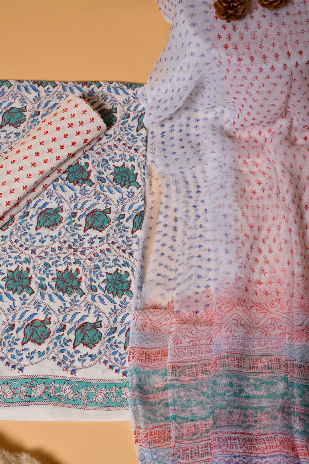 Hand Block Printed Cotton Suit With Chiffon dupatta