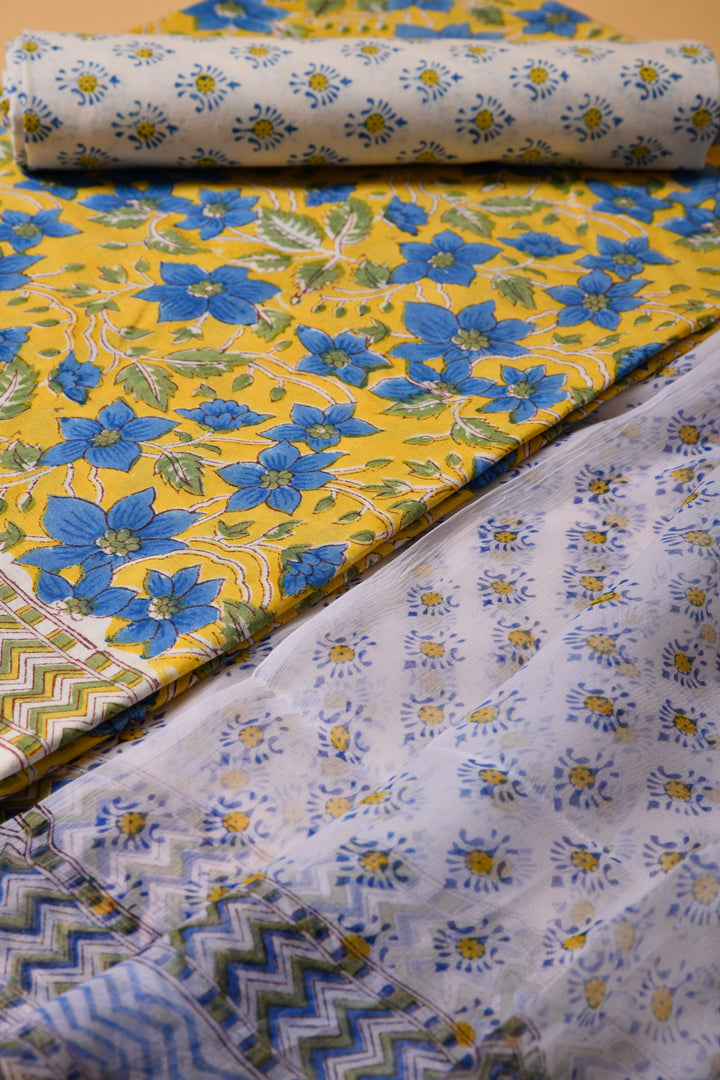 Yellow & Blue Hand Block Printed Cotton Suit With Chiffon dupatta