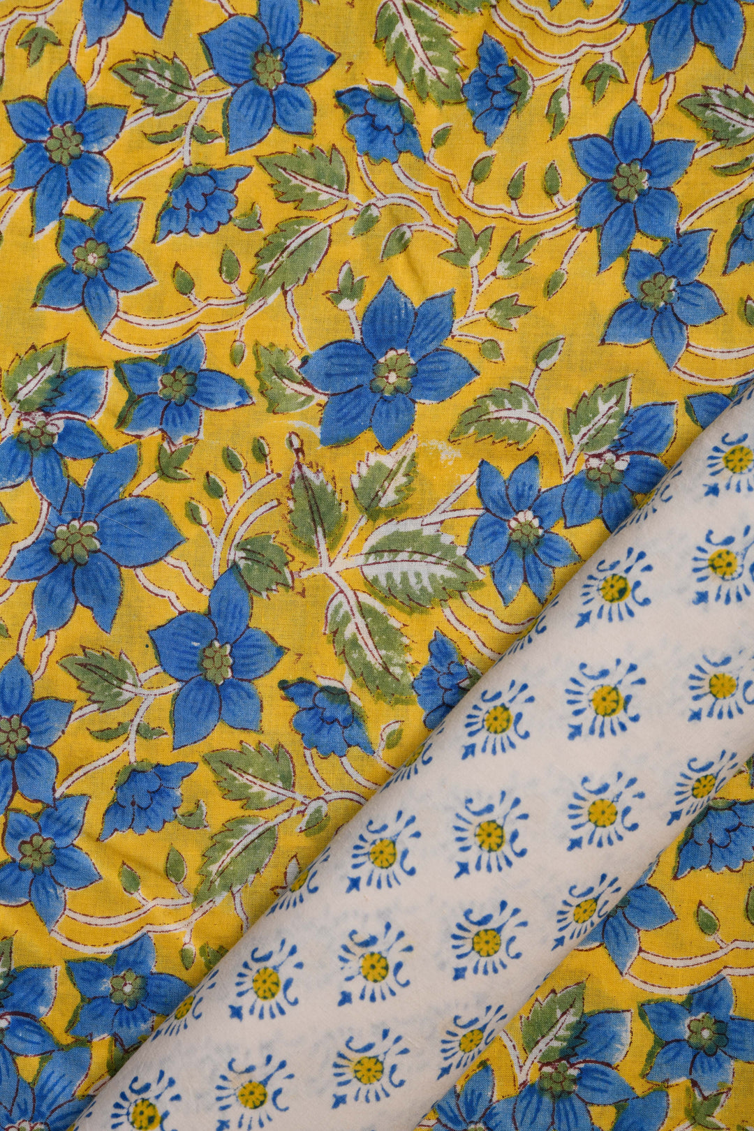 Yellow & Blue Hand Block Printed Cotton Suit With Chiffon dupatta