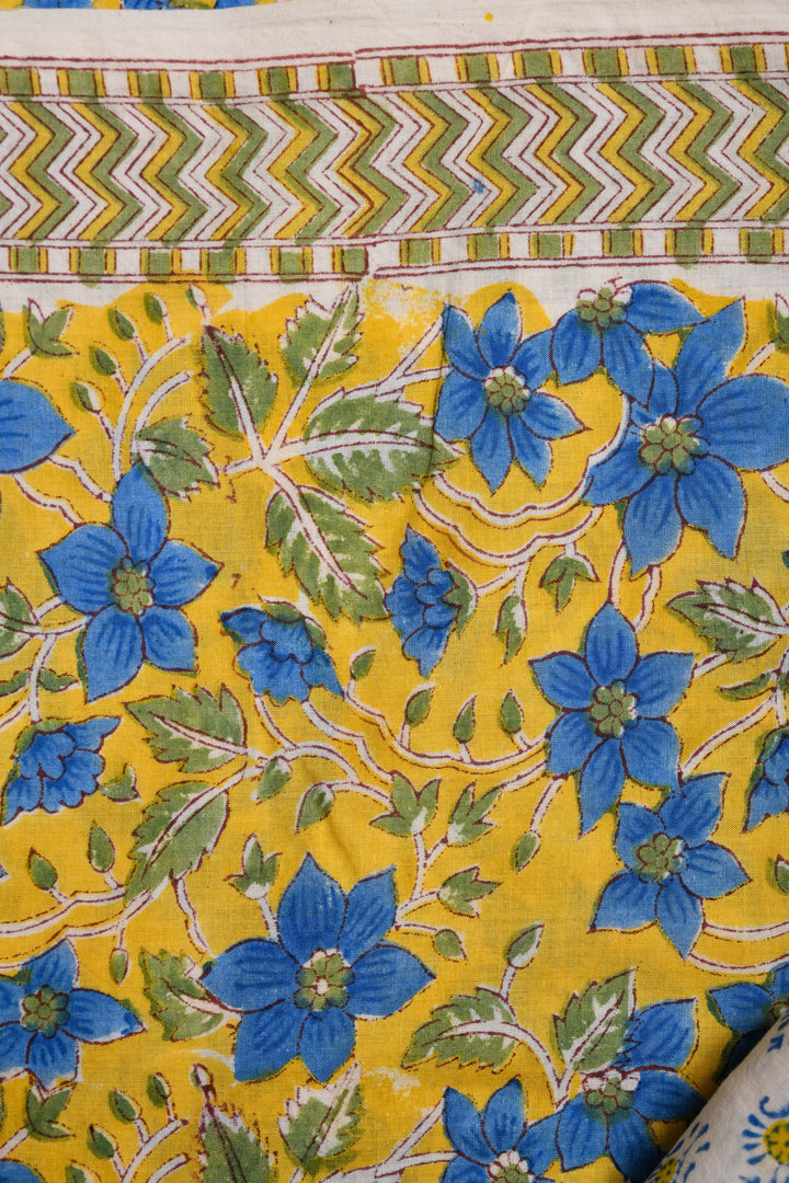 Yellow & Blue Hand Block Printed Cotton Suit With Chiffon dupatta