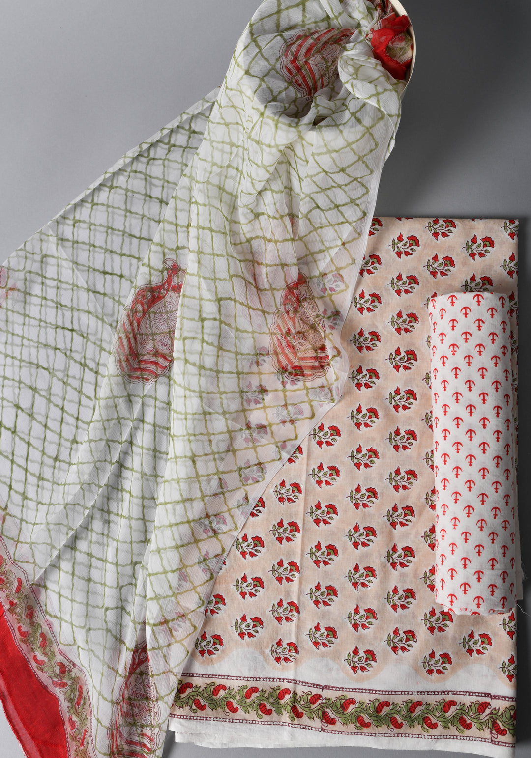 Beige & Red Hand Block Printed Cotton Suit With Chiffon dupatta