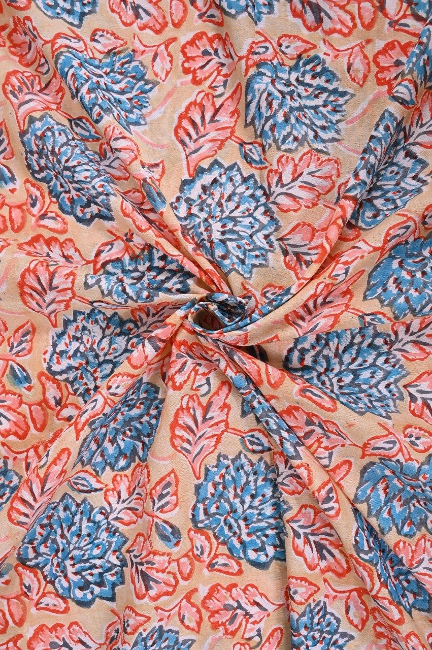 Peech & Blue Floral Jaal Block Printed  Cotton Fabric