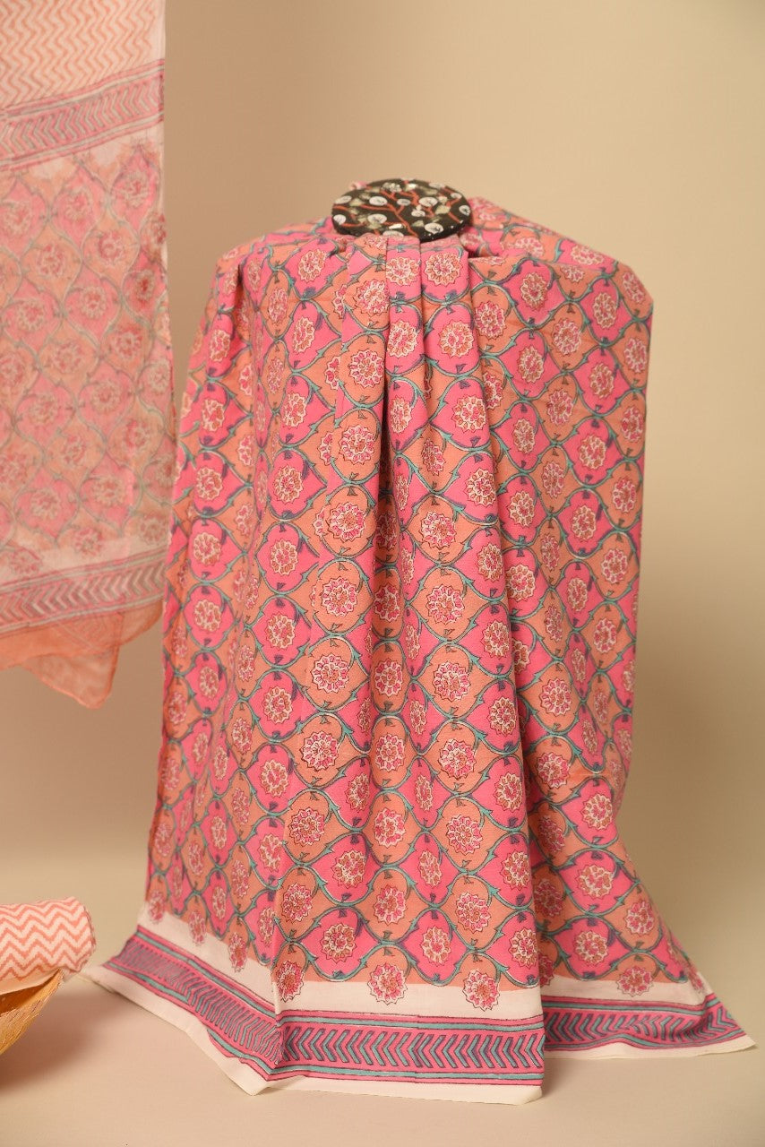 Pink & Peach Hand Block Cotton Unstitched Suit With Chiffon Dupatta