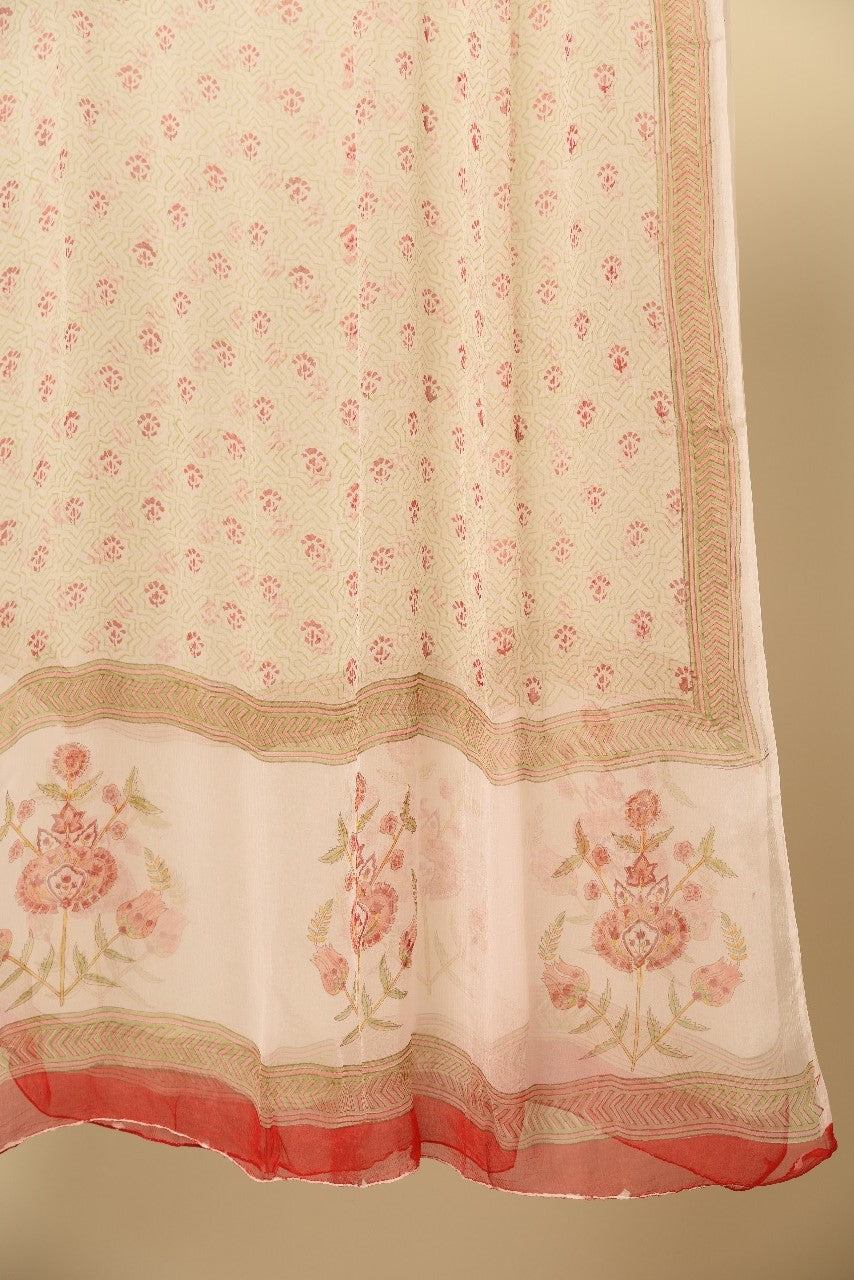 Peach & Red Hand Block Cotton Unstitched Suit With Chiffon Dupatta