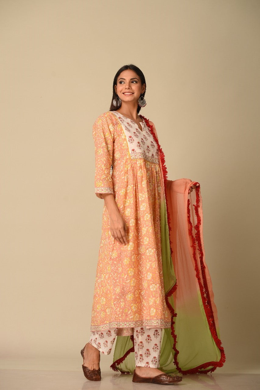 Peach Hand Block Printed Cotton Kurta White Pant and Lace Chiffon Dyed Dupatta