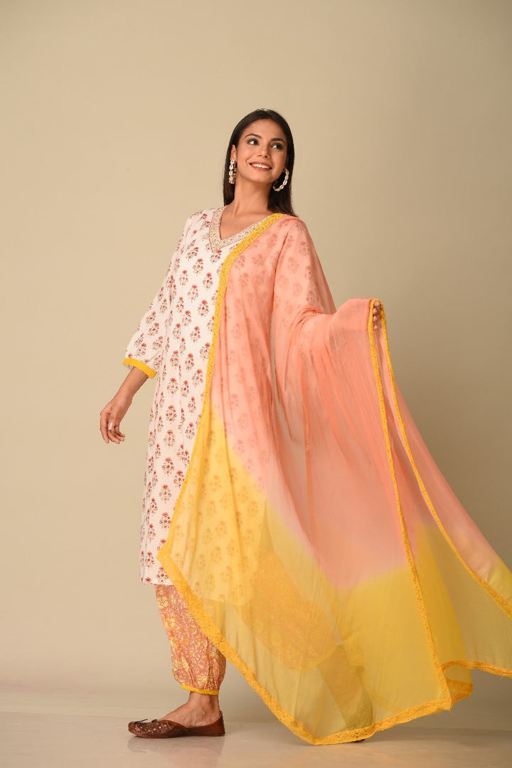 White & Peach Hand Block Printed Short Cotton Kurta Pink Salwar and lace Chiffon Dyed Dupatta