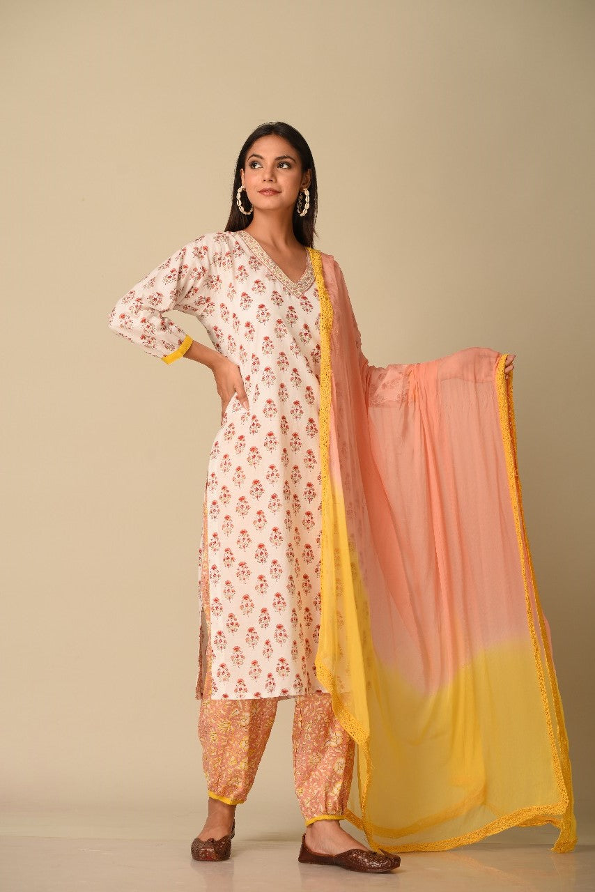 White & Peach Hand Block Printed Short Cotton Kurta Pink Salwar and lace Chiffon Dyed Dupatta