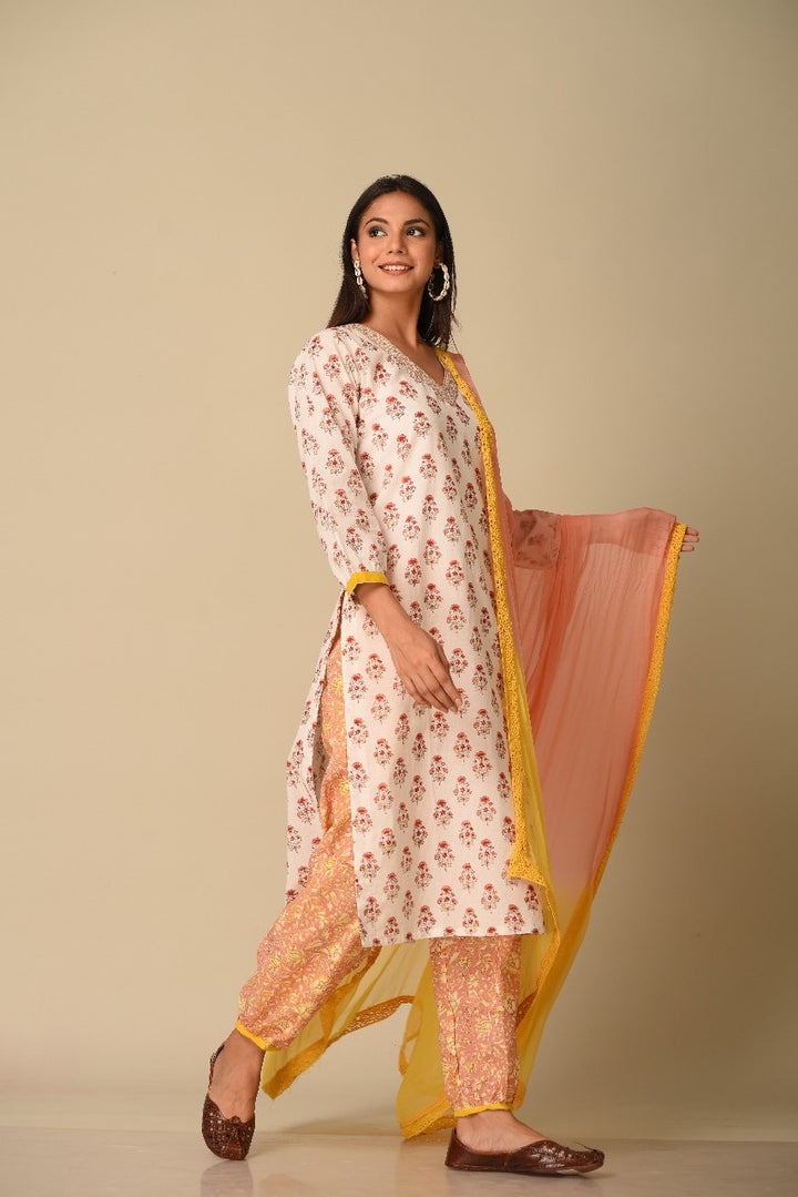 White & Peach Hand Block Printed Short Cotton Kurta Pink Salwar and lace Chiffon Dyed Dupatta