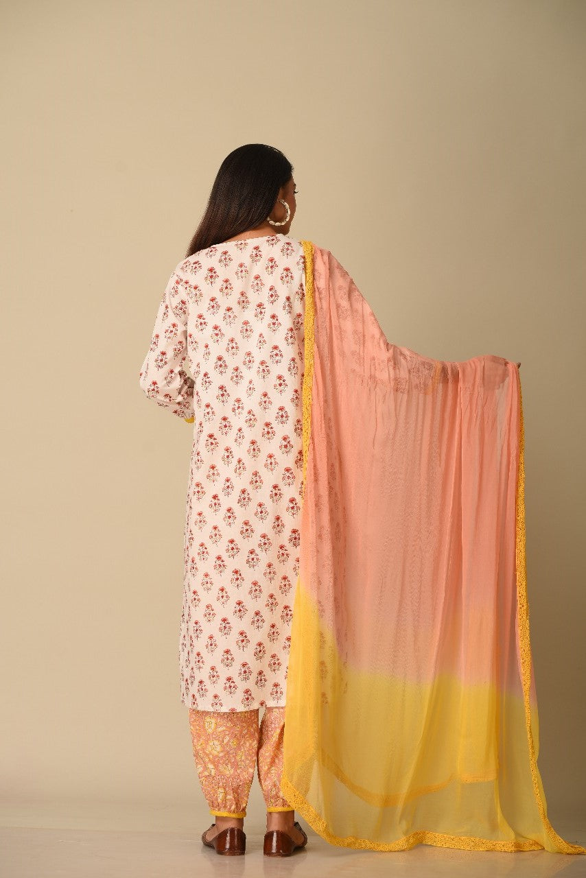White & Peach Hand Block Printed Short Cotton Kurta Pink Salwar and lace Chiffon Dyed Dupatta