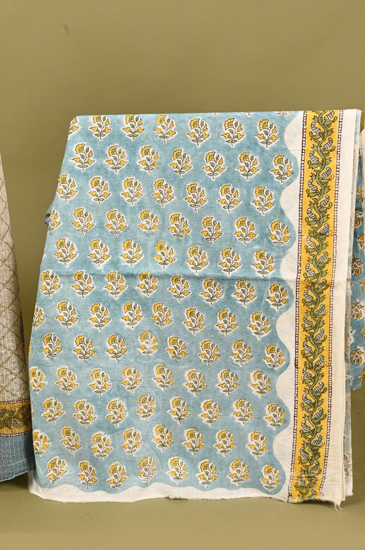 Greyish Blue & Yellow Hand Block Printed Cotton Unstitched Suit With Kota Dupatta