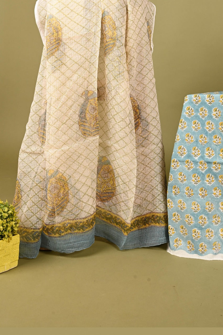 Greyish Blue & Yellow Hand Block Printed Cotton Unstitched Suit With Kota Dupatta