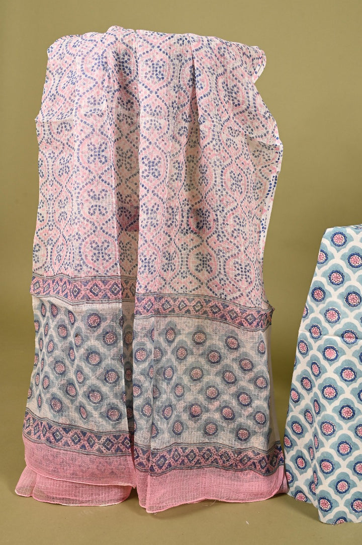 Pink & Blue Hand Block Printed Cotton Unstitched Suit With Kota Dupatta