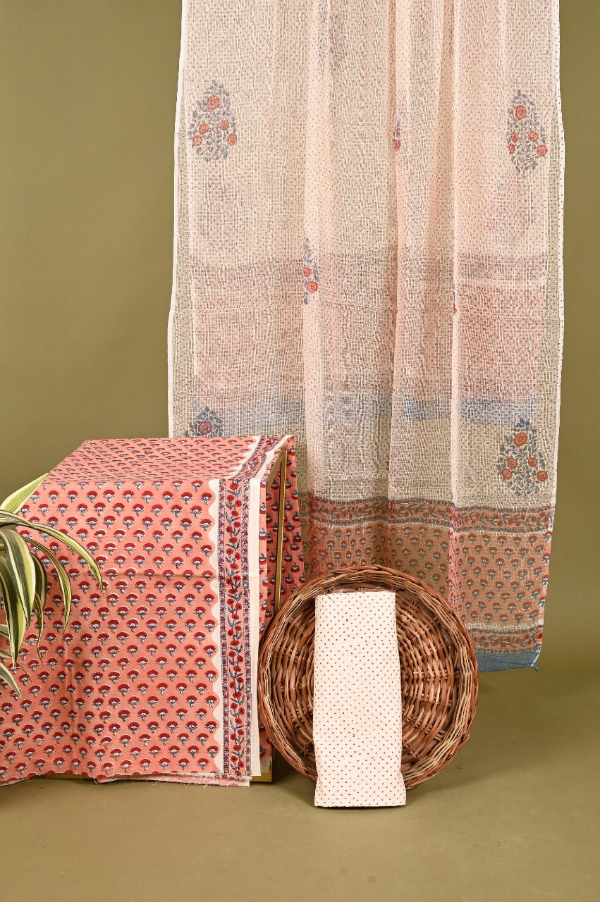 Peach & Red Hand Block Printed Cotton Unstitched Suit With Kota Dupatta