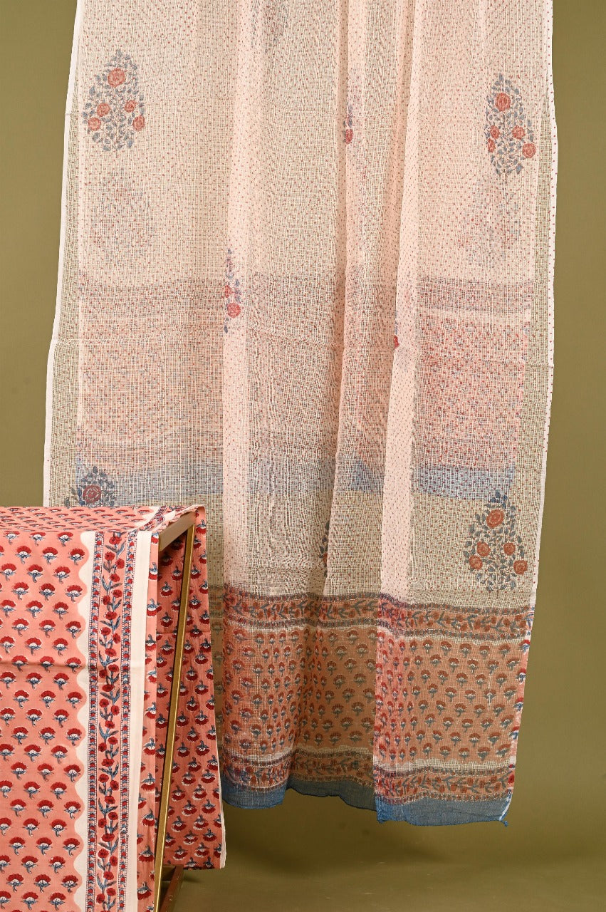 Peach & Red Hand Block Printed Cotton Unstitched Suit With Kota Dupatta