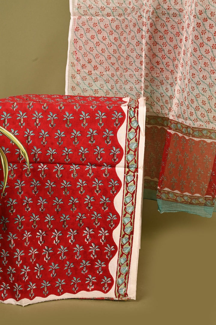Red & Turquoise Hand Block Printed Cotton Unstitched Suit With Kota Dupatta