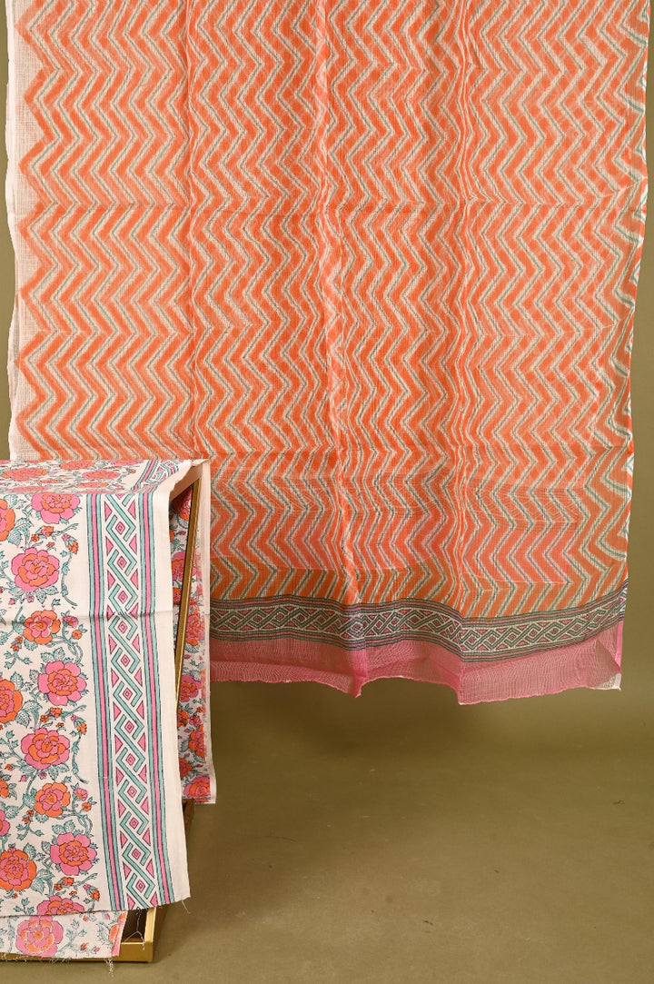 Orange & Pink Hand Block Printed Cotton Unstitched Suit With Kota Dupatta