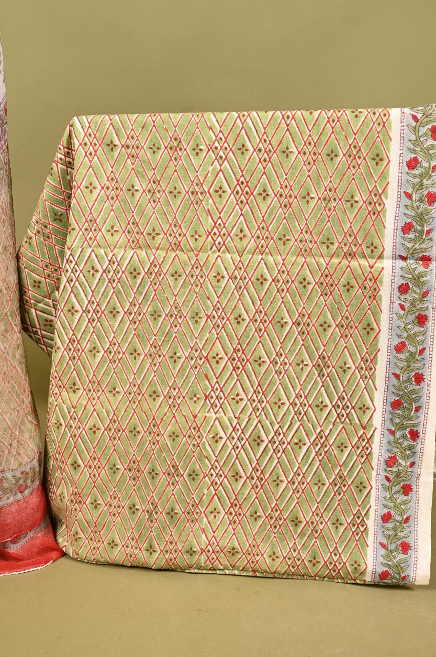Green & Red Hand Block Printed Cotton Suit With Chiffon Dupatta
