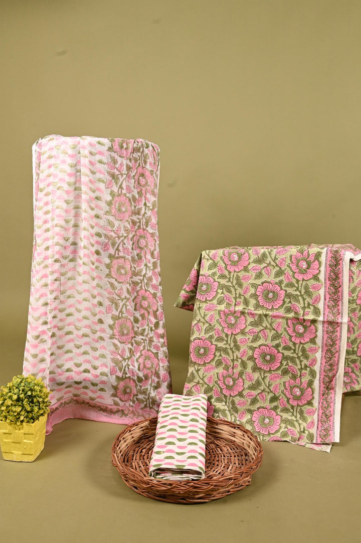 Green & Pink Hand Block Printed Cotton Suit With Chiffon Dupatta