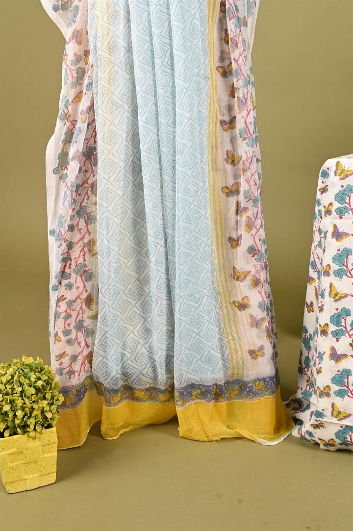 Turquoise & Yellow Hand Block Printed Cotton Suit With Chiffon Dupatta