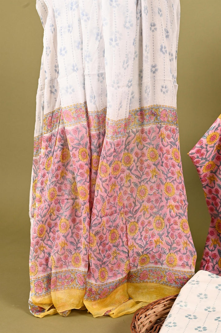 Pink & Yellow Hand Block Printed Cotton Suit With Chiffon Dupatta