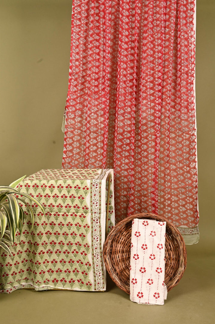 Green & Red Hand Block Printed Cotton Suit With Chiffon Dupatta