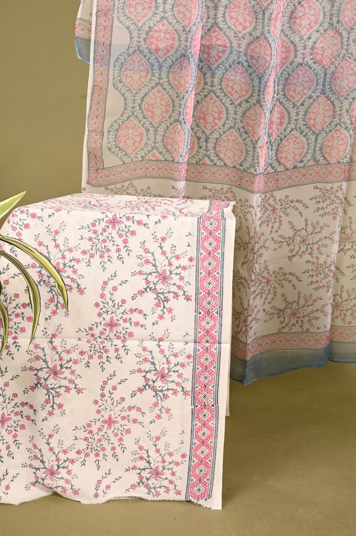 Pink & Greyish Blue Hand Block Printed Cotton Suit With Chiffon Dupatta