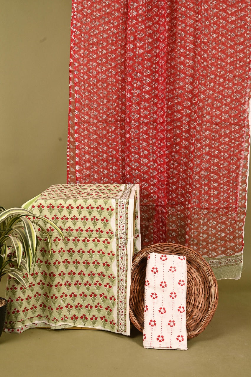 Green & Red Hand Block Printed Cotton Suit With Kota Dupatta