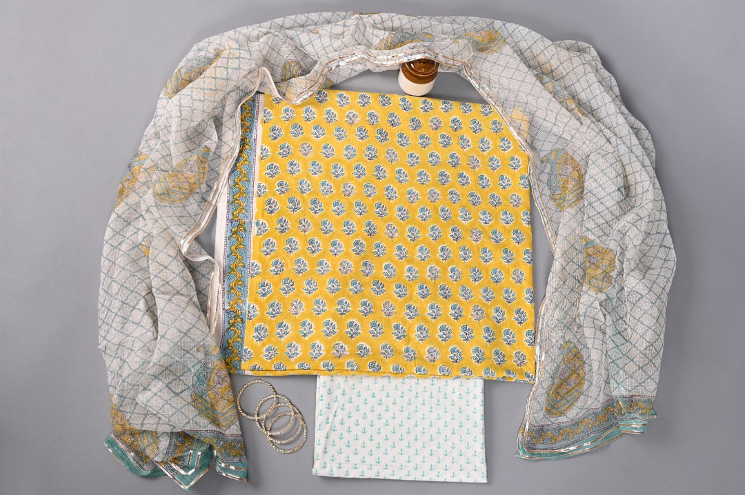 Yellow & Turquoise hand block printed cotton suit with Kota dupatta