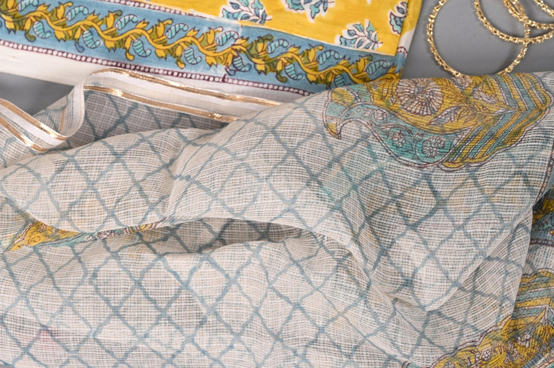 Yellow & Turquoise hand block printed cotton suit with Kota dupatta