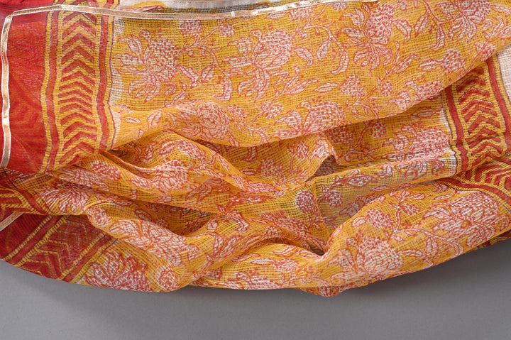 Yellow & Red hand block printed cotton suit with Kota dupatta