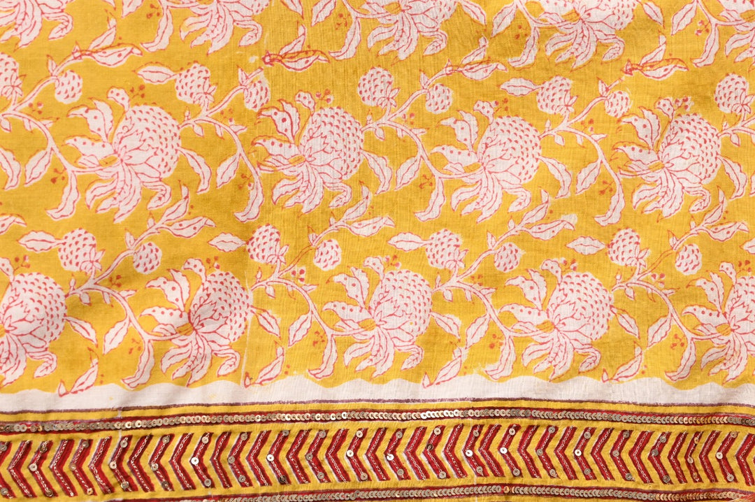 Yellow & Red hand block printed cotton suit with Kota dupatta