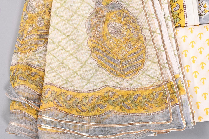 Grey & Yellow hand block printed cotton suit with Kota dupatta