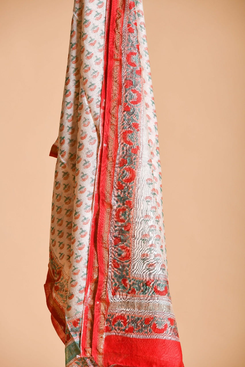 Authentic Red & Green hand block printed chanderi suit with chanderi dupatta